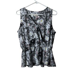 Loft Black White Floral Surplice Faux Wrap Peplum Tank Top